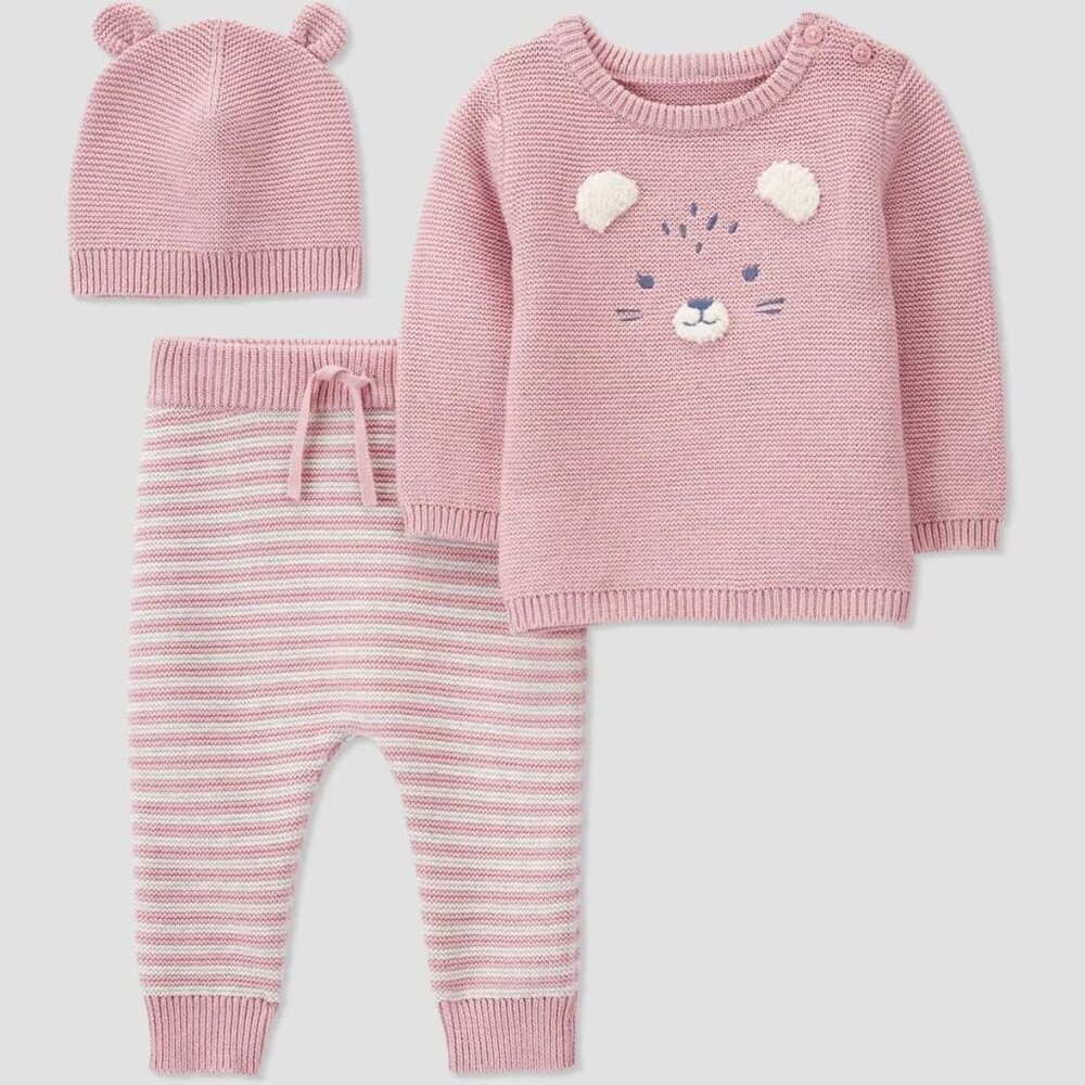 Carter's Just One You Baby Girls' 3pc Cat Sweater & Bottom Set - Pink - Size 9M.